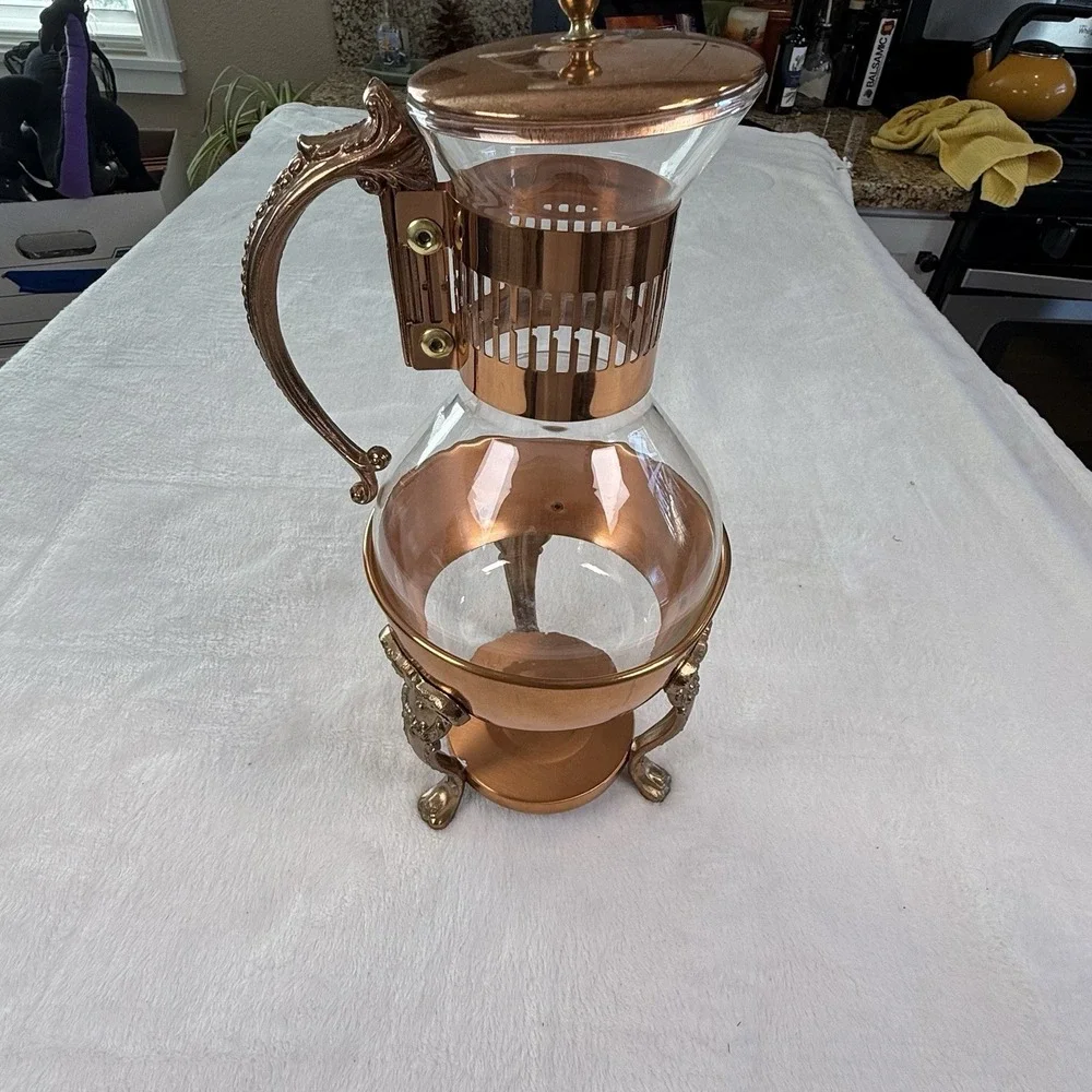 Vintage Corning Heat Proof Glass Carafe Pot with Copper Warmer Stand MCM 8 Cup